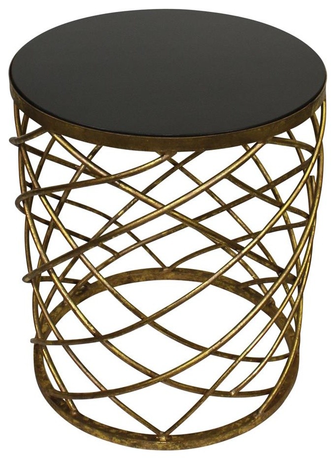 Round Gold Iron Drum Cage Accent Table, Black Granite Top Marble Contemporary Side Tables