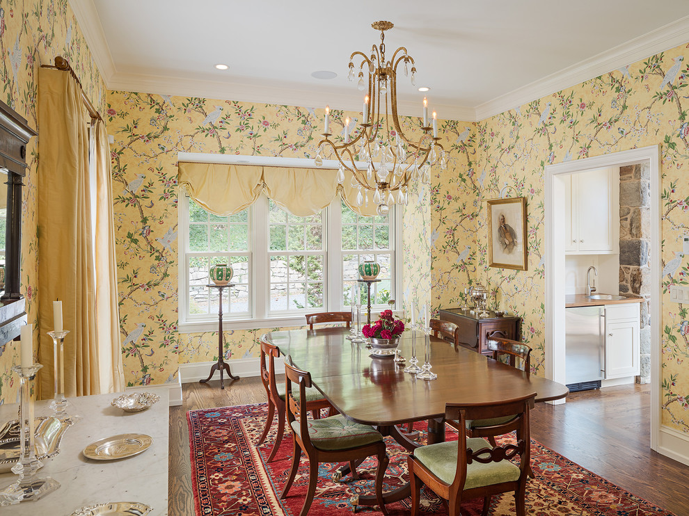Inspiration for a mid-sized traditional separate dining room in Philadelphia with medium hardwood floors, no fireplace and multi-coloured walls.