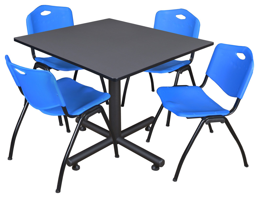 Kobe 48" Square Breakroom Table- Grey & 4 'M' Stack Chairs- Blue