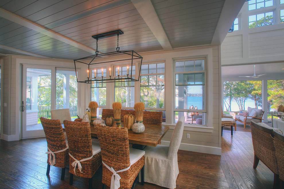 Design ideas for a large beach style open plan dining in Orange County with beige walls and dark hardwood floors.