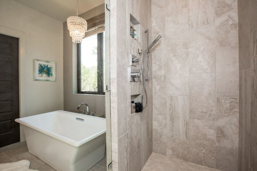 Photo of a mid-sized transitional master bathroom in Other with shaker cabinets, grey cabinets, gray tile, metal tile, white walls, ceramic floors, an integrated sink and brown floor.