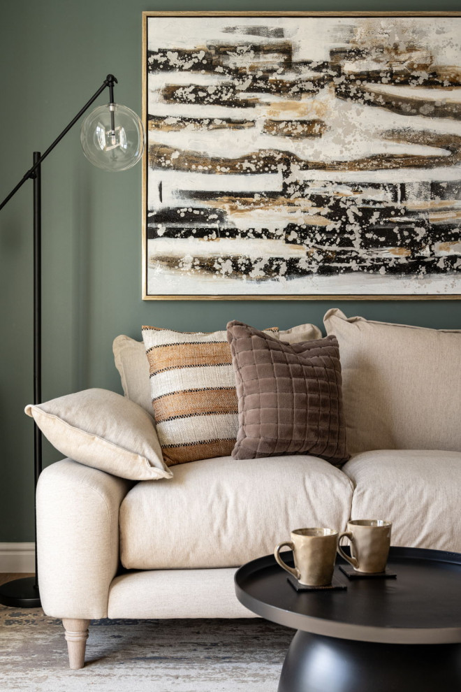 Design ideas for a small bohemian enclosed living room in Wiltshire with green walls, vinyl flooring, a standard fireplace, a wooden fireplace surround, a wall mounted tv and beige floors.