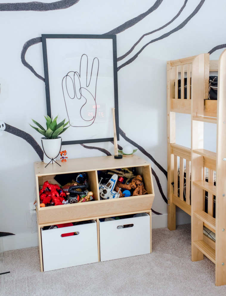 Example of a mid-sized danish gender-neutral carpeted and beige floor kids' room design in Other with gray walls