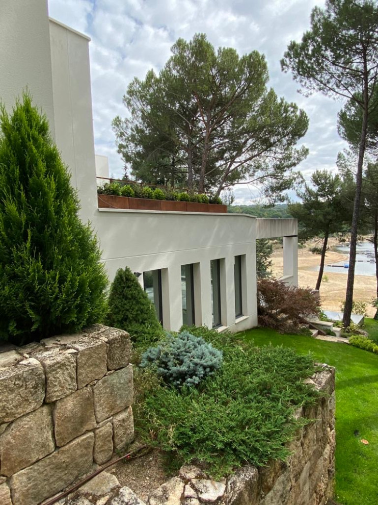 This is an example of a contemporary partial sun driveway in Madrid with a wood fence.