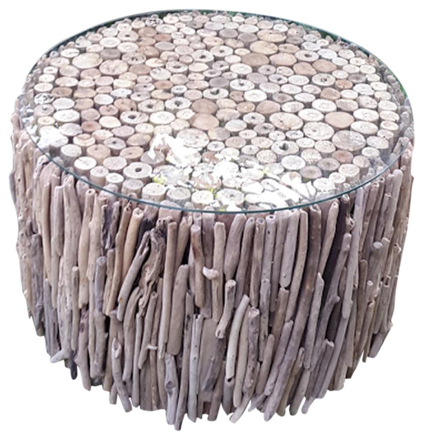Driftwood Coffee Table Round Glass Furniture Rustic Wooden Side Handmade End