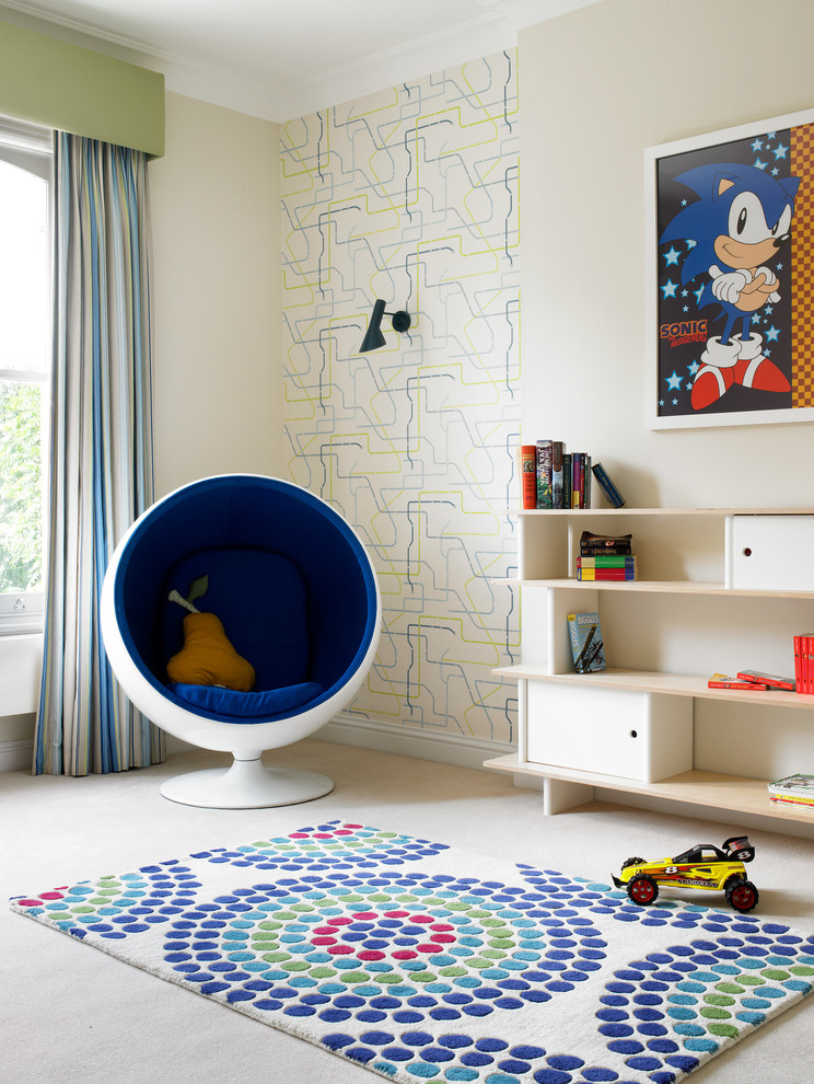 Contemporary kids' playroom in London with beige walls for kids 4-10 years old and boys.