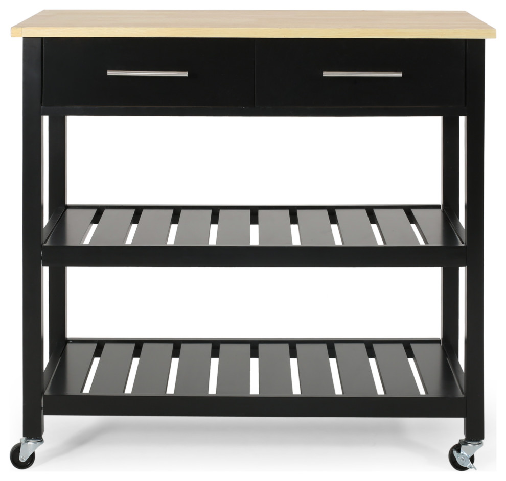 Enon Contemporary Kitchen Cart with Wheels, Black + Natural