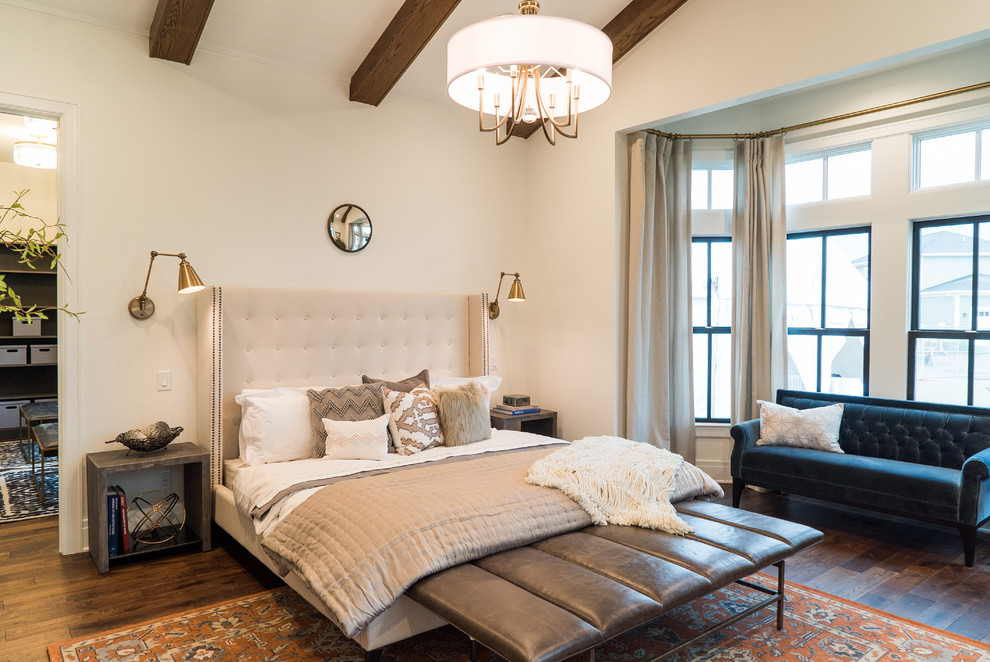 Design ideas for a large transitional master bedroom in Louisville with white walls, no fireplace and dark hardwood floors.