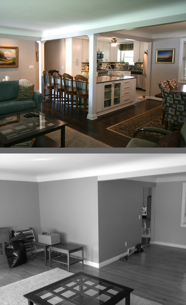 Eat-in kitchen - large transitional dark wood floor eat-in kitchen idea in Cincinnati with a farmhouse sink, flat-panel cabinets, white cabinets, granite countertops, multicolored backsplash, ceramic backsplash, stainless steel appliances and an island