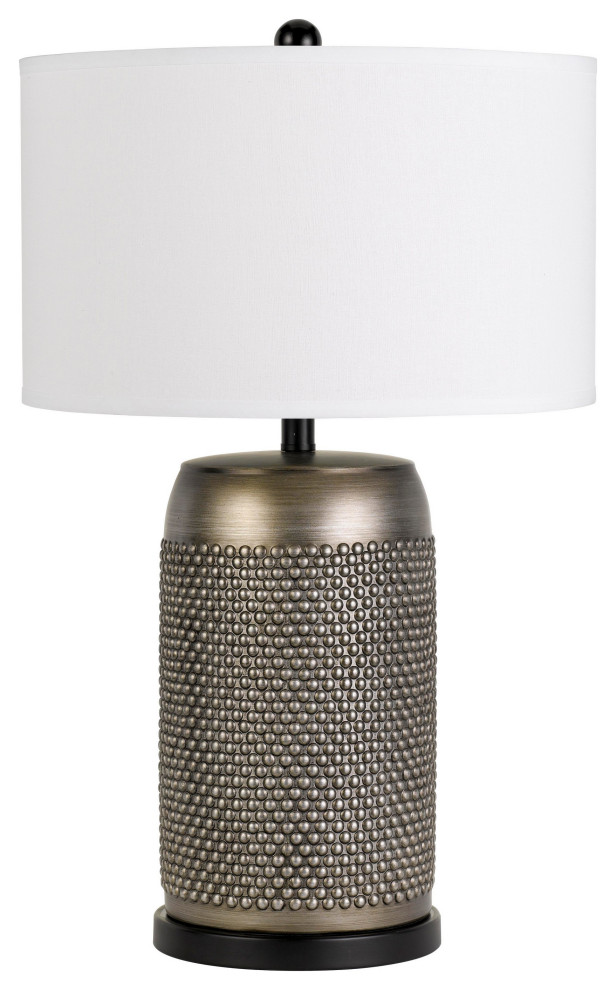 Round Shade Table Lamp with Studded Ceramic Base, White and Silver