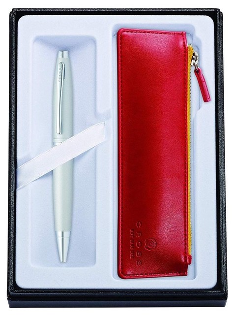 Cross Calais Satin Chrome Ballpoint Pen W Crimson Zip Pouch Set