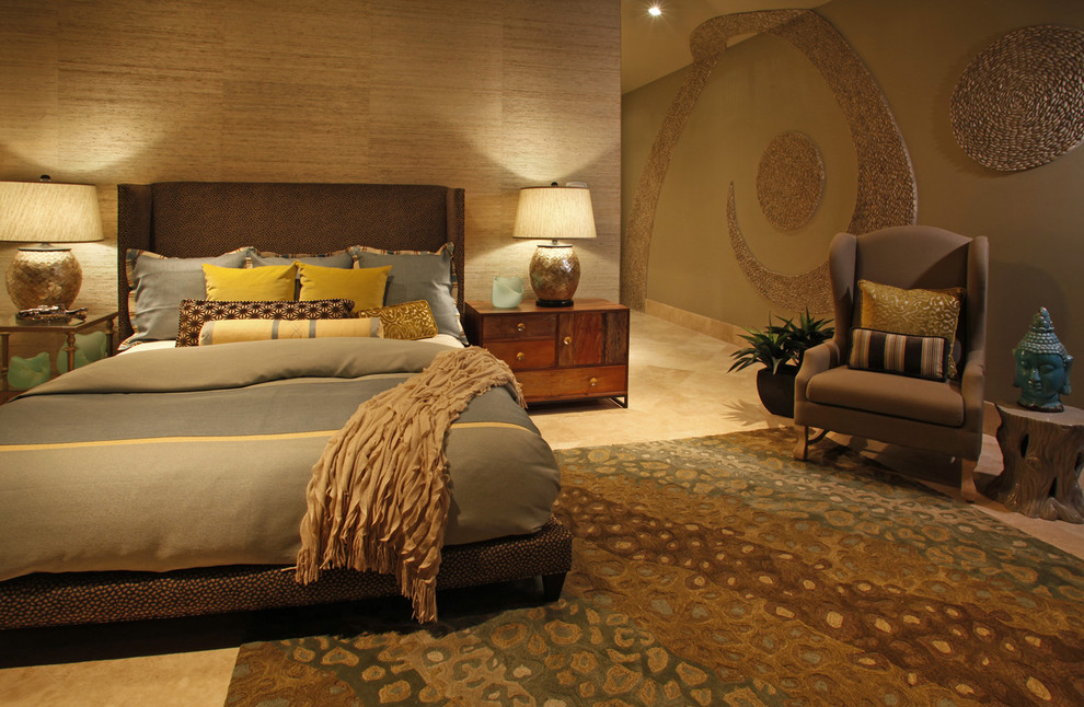 Inspiration for a large contemporary master bedroom in Mexico City with brown walls, marble floors and no fireplace.