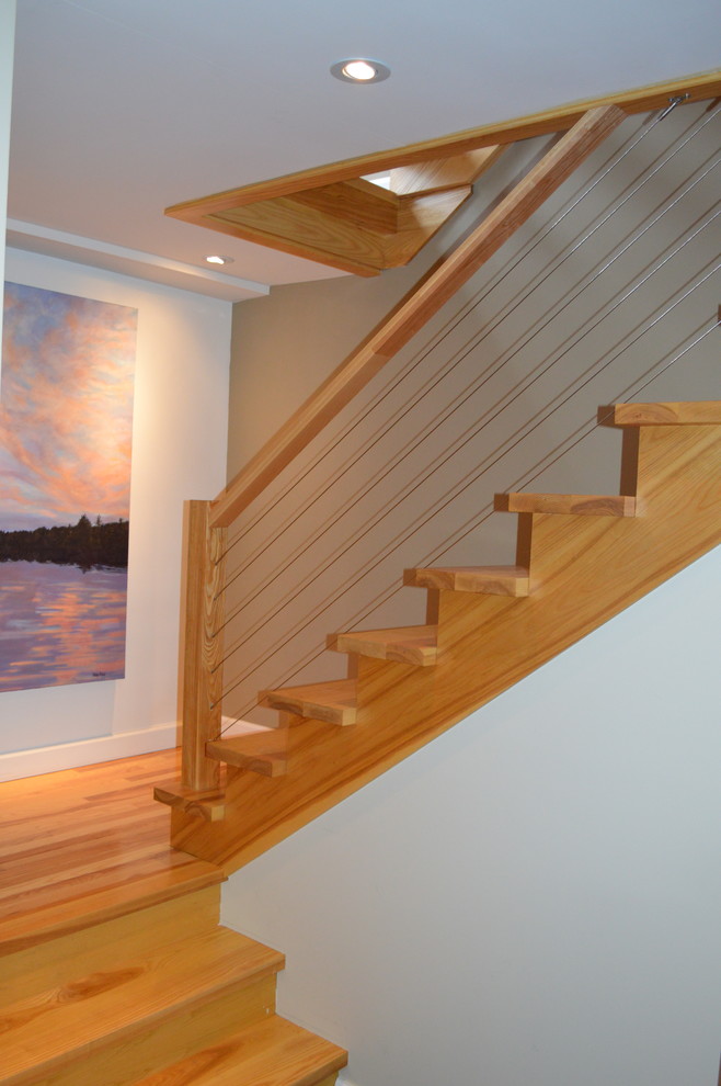 Inspiration for a mid-sized contemporary wood straight staircase in Milwaukee with open risers.