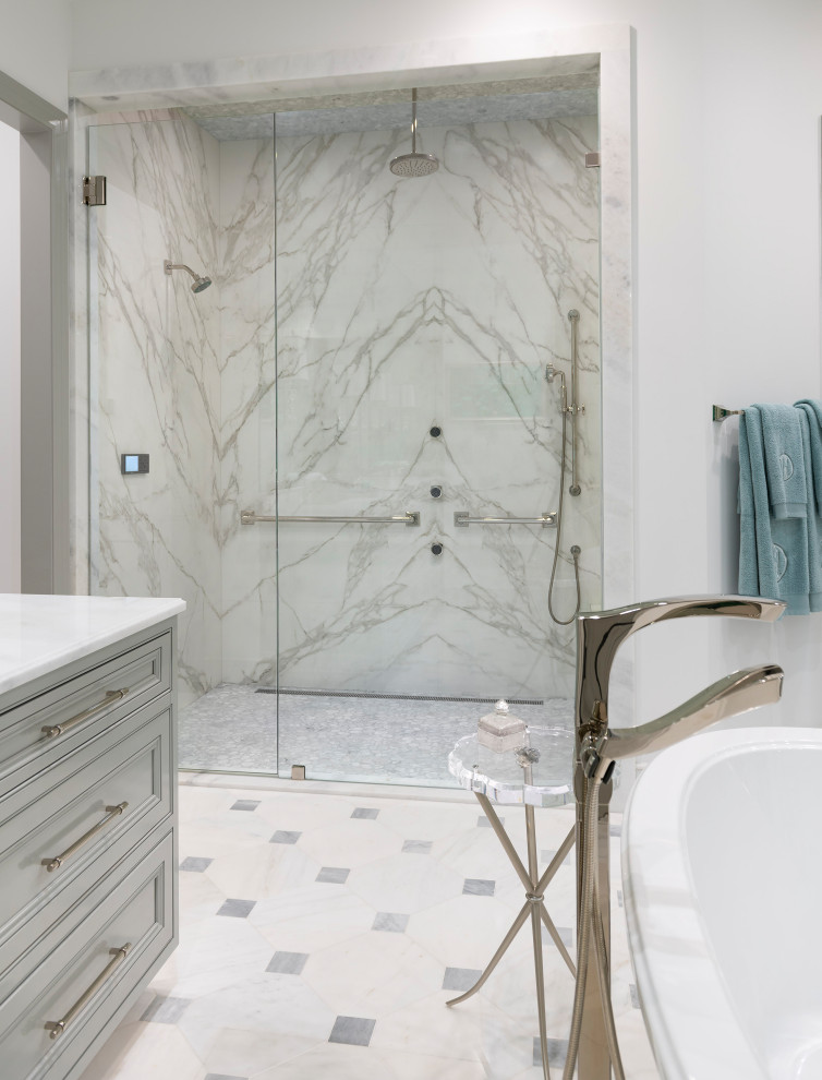 Large transitional master bathroom in Dallas with beaded inset cabinets, grey cabinets, a freestanding tub, white tile, marble, grey walls, marble floors, an undermount sink, marble benchtops, white floor, a hinged shower door, white benchtops and a built-in vanity.