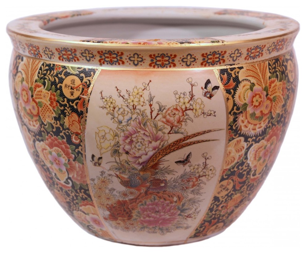 Chinese Porcelain Fish Bowl / Planter Glazed Satsuma Pheasant Design