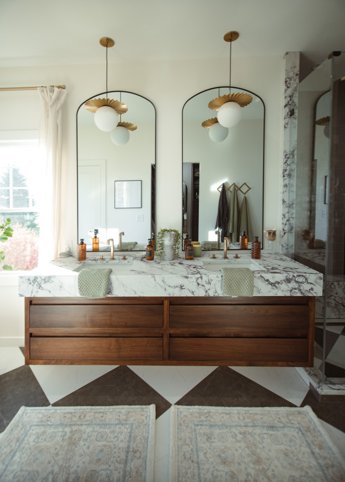Example of a mid-sized transitional master ceramic tile, multicolored floor and double-sink bathroom design in Other with flat-panel cabinets, medium tone wood cabinets, white walls, an undermount sink, quartz countertops, a hinged shower door, white countertops and a floating vanity