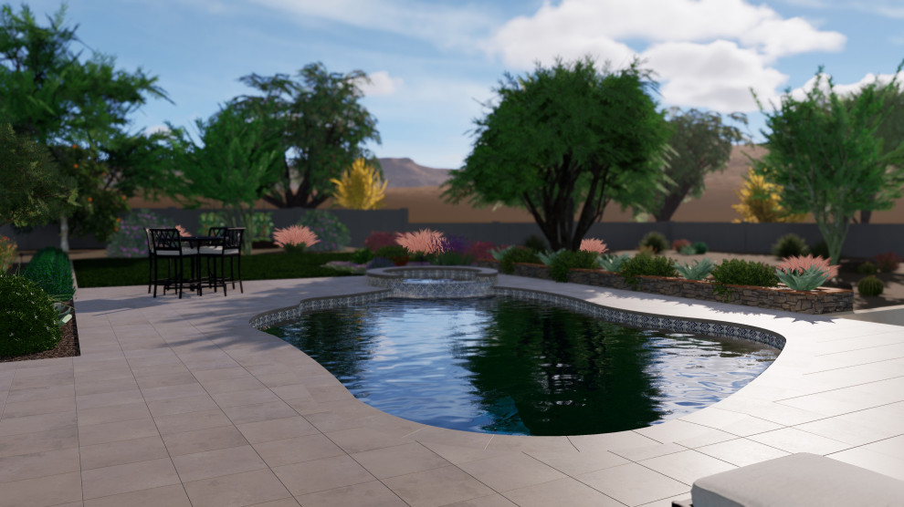 Hot tub - huge transitional backyard stone and custom-shaped hot tub idea in Phoenix