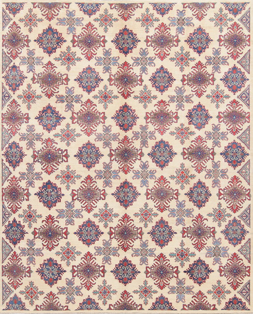 Damask Kazak Pakistani Hand-Knotted Oriental Area Rug, Beige, 9'11"X8'1"