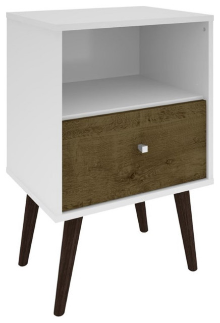 Manhattan Comfort Liberty 1-Drawer Solid Wood End Table in White/Rustic Brown