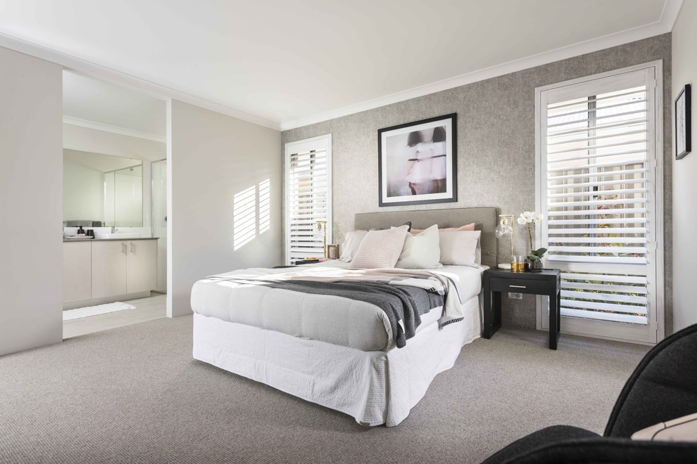 This is an example of a mid-sized contemporary master bedroom in Perth with grey walls, carpet and grey floor.