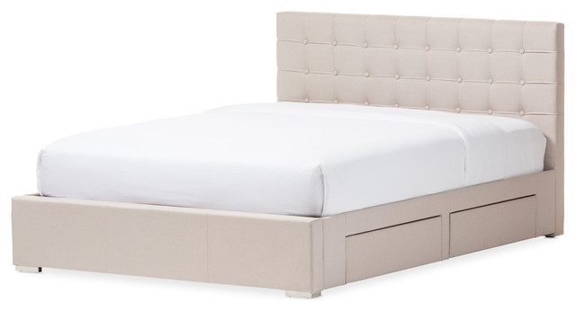 Baxton Studio Rene Beige Fabric 4 Drawer King Size Storage Platform Bed, Queen Size Bed Frame With Storage Drawers