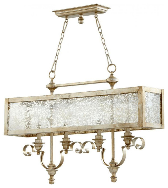 Four Light Aged Silver Leaf Island Light French Country Kitchen