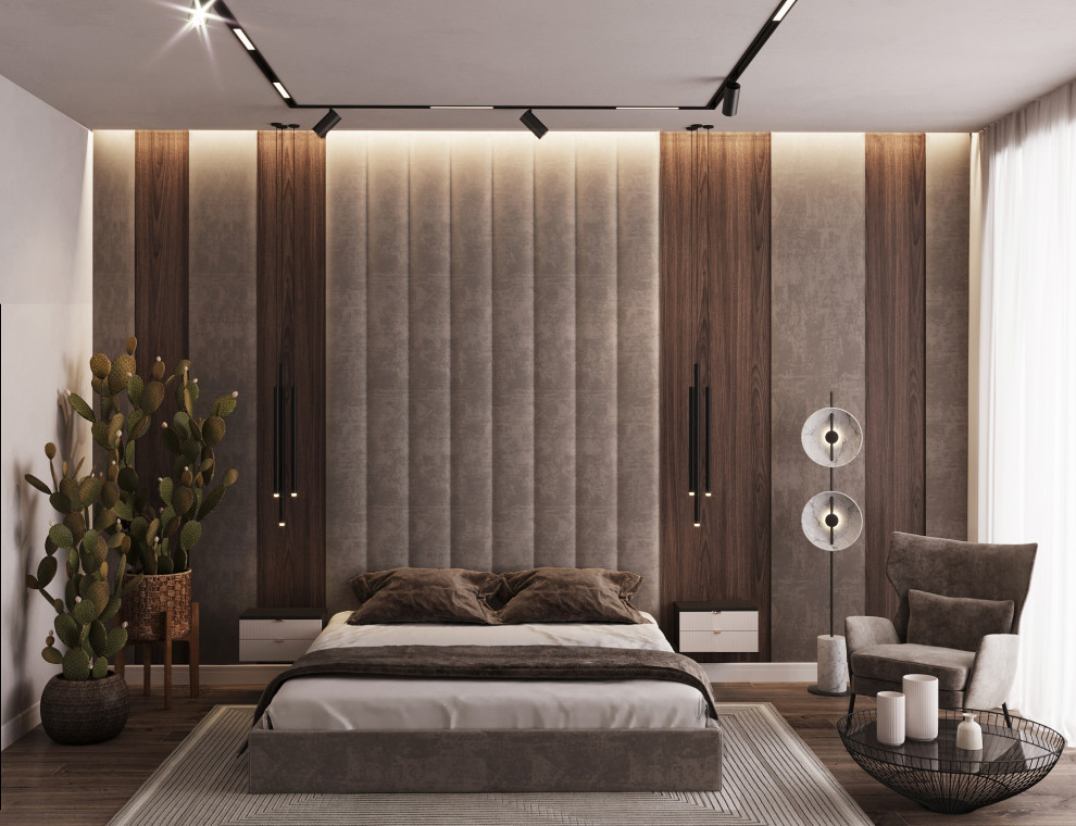 Дизайн спальни, привлекательным элементом служат кактусы.