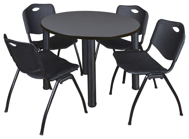 Kee 42" Round Breakroom Table- Grey/ Black & 4 'M' Stack Chairs- Black