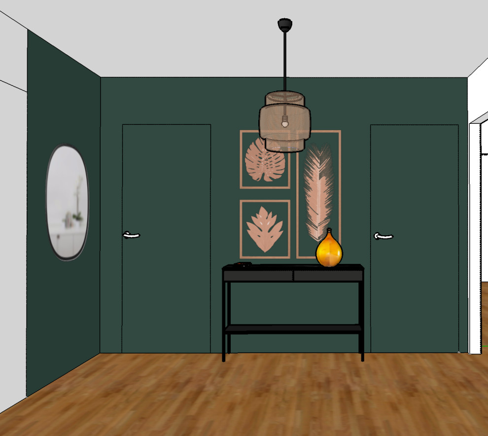 Inspiration för en mellanstor funkis foajé, med gröna väggar, en enkeldörr, en grön dörr, brunt golv och laminatgolv