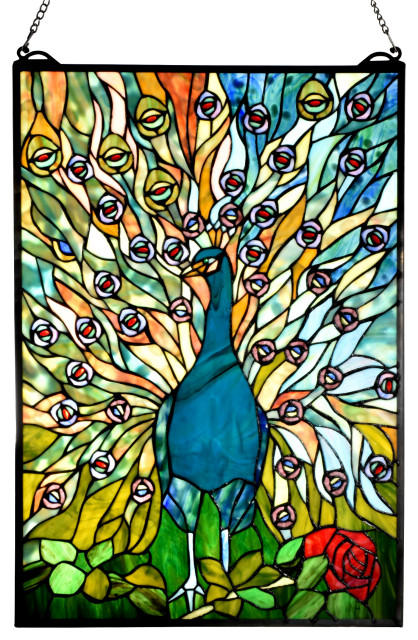 Peacock 26 H Tiffany Window Panel Tropical Stained Glass Panels By Lighting New York Houzz