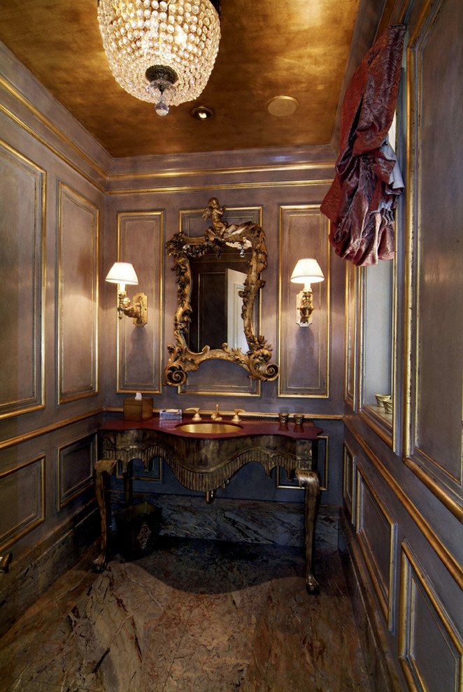 Inspiration for a traditional powder room in Portland with an undermount sink and furniture-like cabinets.