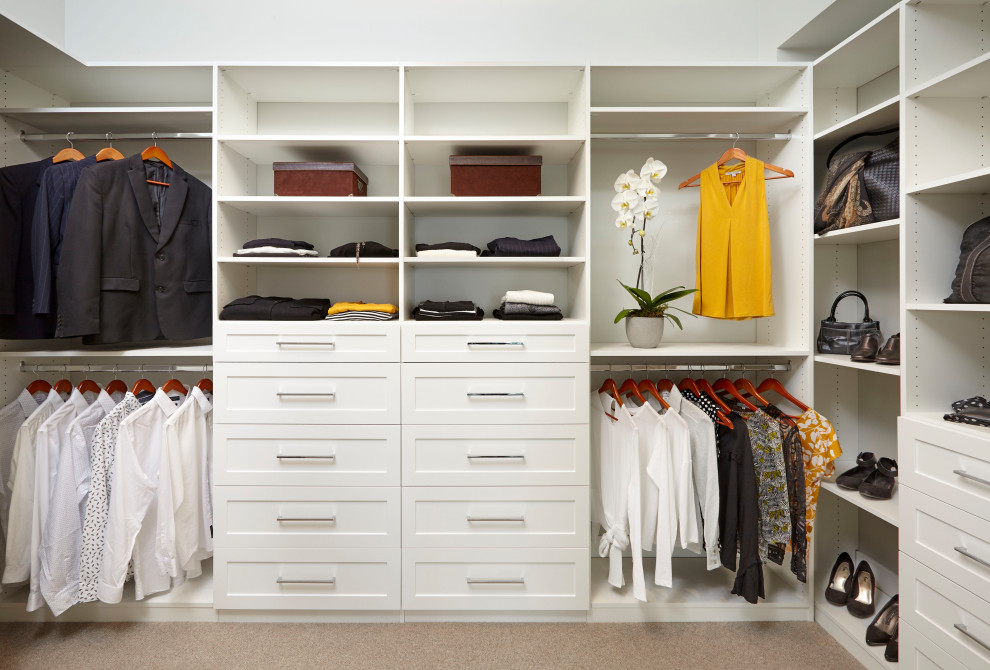 Large classic gender neutral walk-in wardrobe in Other with shaker cabinets, white cabinets, carpet, beige floors and a vaulted ceiling.