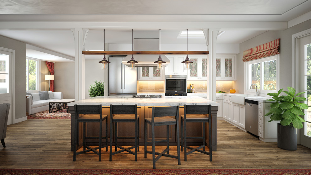 Design ideas for a large transitional l-shaped eat-in kitchen in San Francisco with a farmhouse sink, shaker cabinets, white cabinets, marble benchtops, beige splashback, glass tile splashback, stainless steel appliances, medium hardwood floors, with island and brown floor.