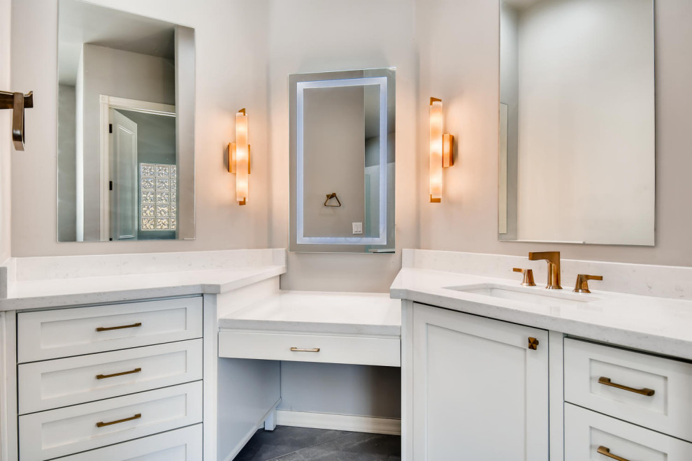 White Vanity Cabinets with Gold Hardware