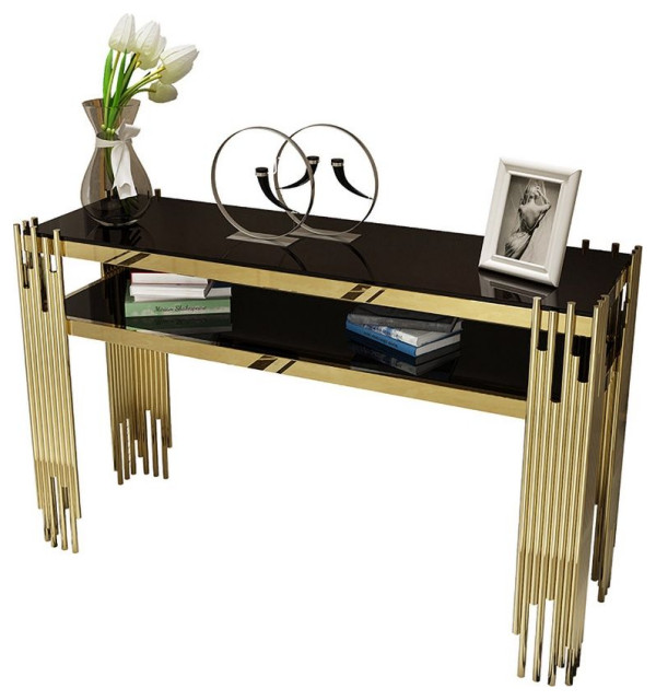 Modern Black Faux Marble Narrow Console Table with Storage Shelf and 4