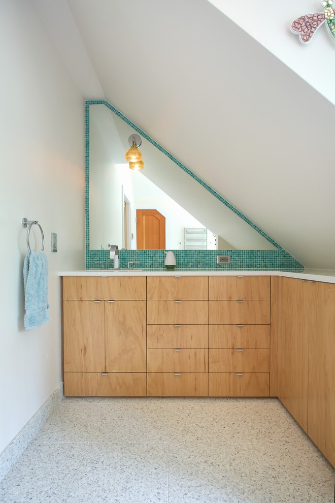 This is an example of an expansive contemporary master bathroom in Portland Maine with blue tile, flat-panel cabinets, light wood cabinets, an alcove tub, a shower/bathtub combo, mosaic tile, white walls, mosaic tile floors, an undermount sink, engineered quartz benchtops, beige floor and an open shower.