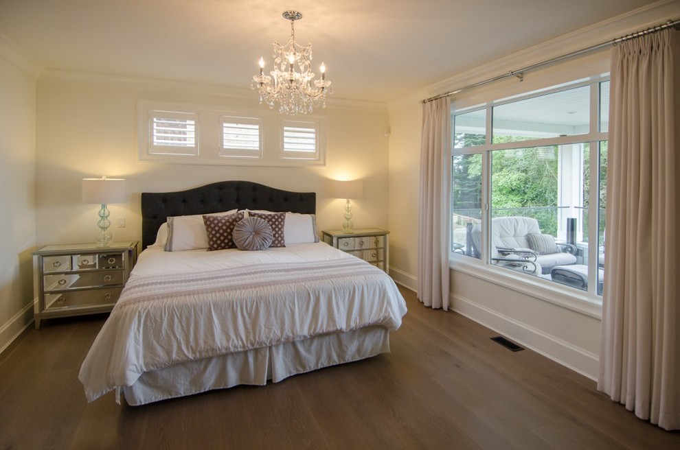 Design ideas for a mid-sized transitional bedroom in Vancouver with beige walls, medium hardwood floors and no fireplace.