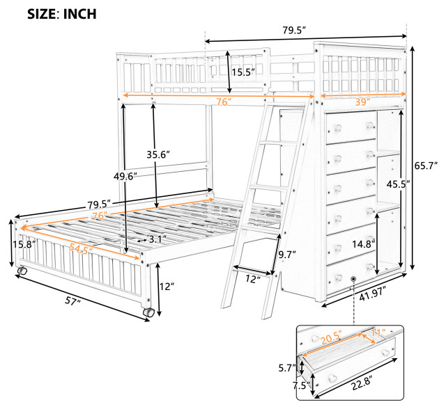 Wood Twin over Full Bunk Bed with 2 Drawers - White