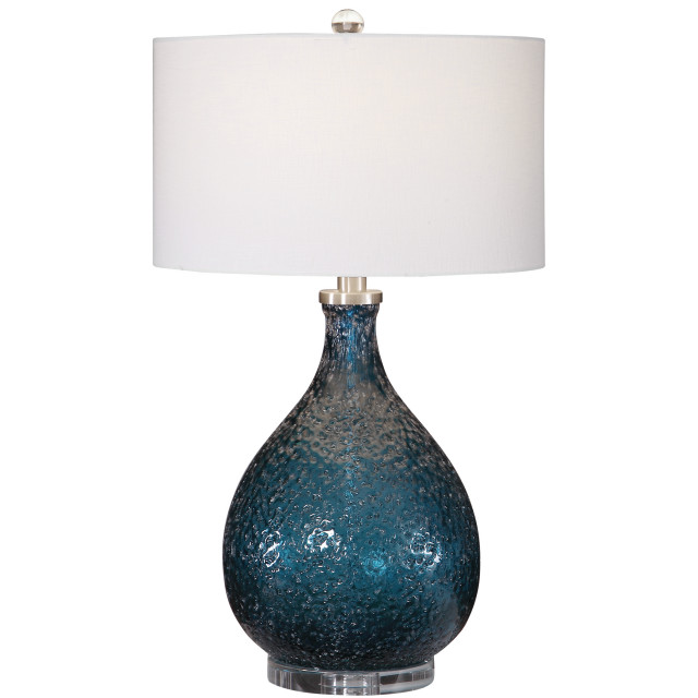 Textured Seeded Art Glass Blue Table, Contemporary Glass Base Table Lamps