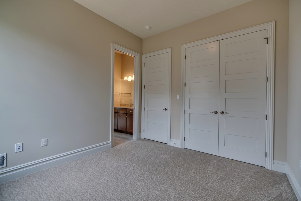 Bedroom - large transitional master carpeted and gray floor bedroom idea with gray walls