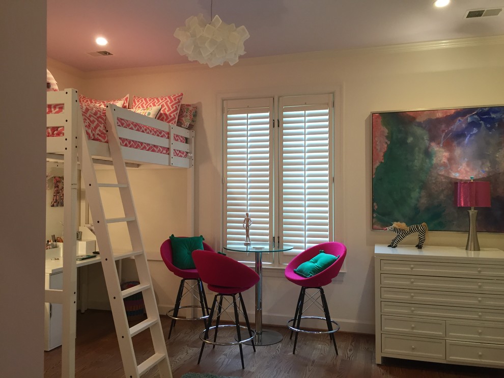 Photo of a mid-sized transitional kids' room for girls in Atlanta with purple walls, dark hardwood floors and brown floor.