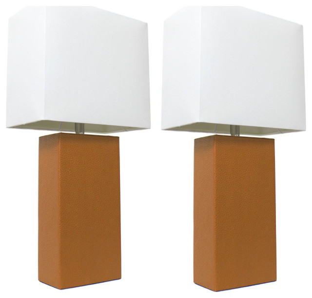Elegant Designs 2 Pack Modern Leather Table Lamps with White Fabric Shades, Tan Modern Table