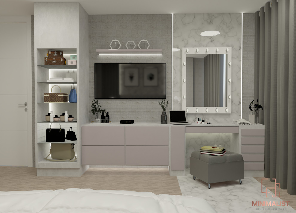 Mittelgroßes Nordisches Hauptschlafzimmer mit grauer Wandfarbe, Marmorboden, weißem Boden und Ziegelwänden in Sonstige
