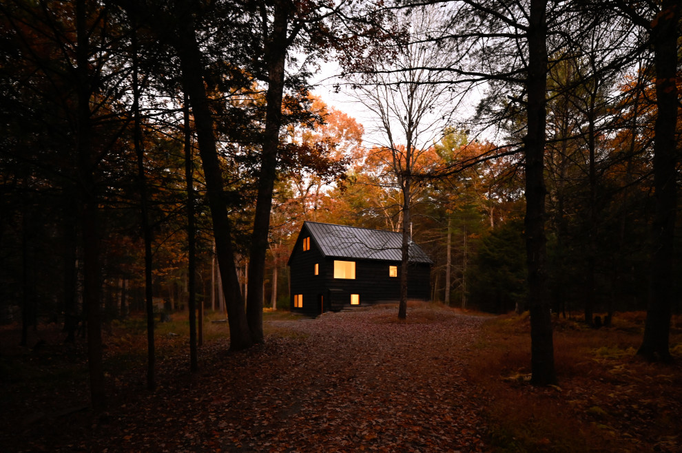 This is an example of a mid-sized contemporary three-storey black house exterior in New York with wood siding, a gable roof, a metal roof, a black roof and clapboard siding.