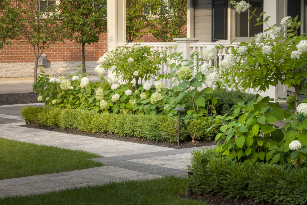 Mid-sized contemporary front yard garden in Toronto with natural stone pavers.