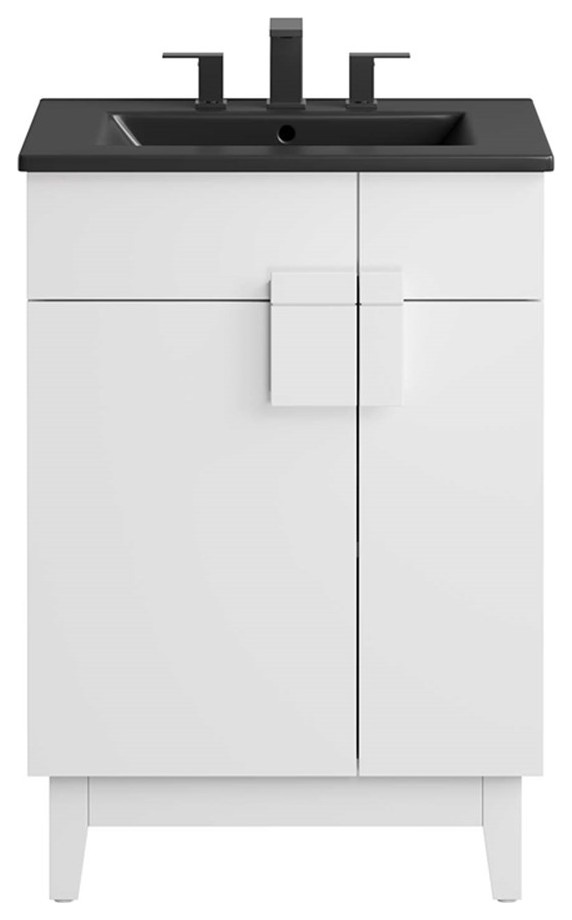 Modway Miles 24" Wood Bathroom Vanity with Tapered Legs in Black/White Transitional Bathroom