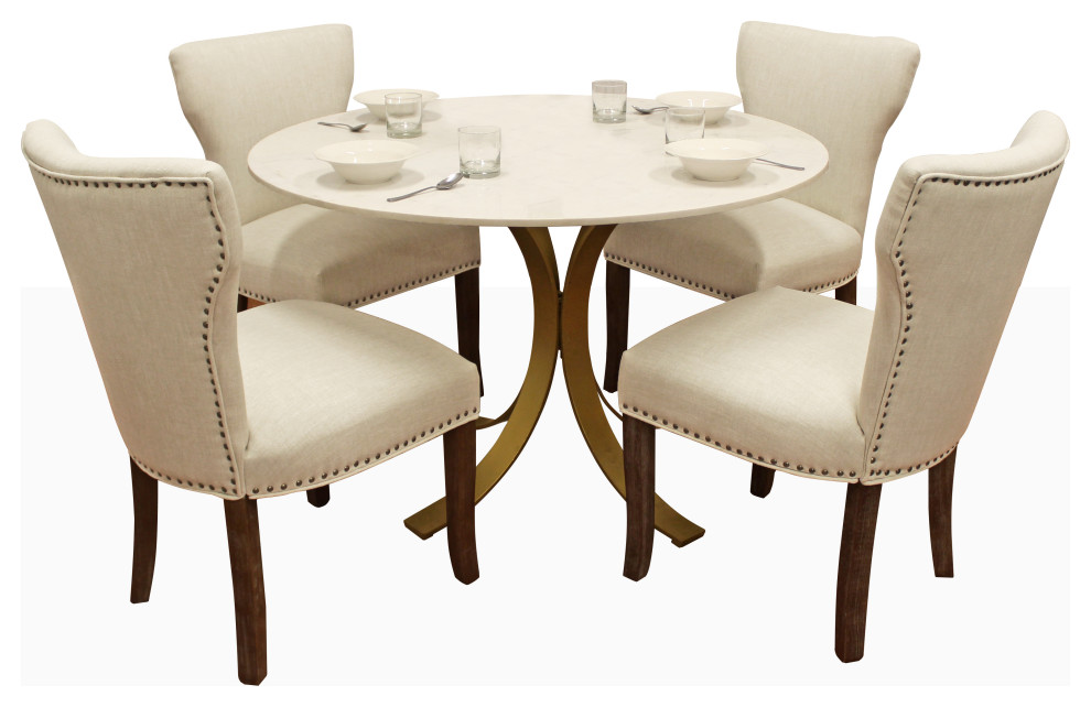 Haskell Dining Set With 48" Round Marble Top Table & 4 Ivory Weave Chairs