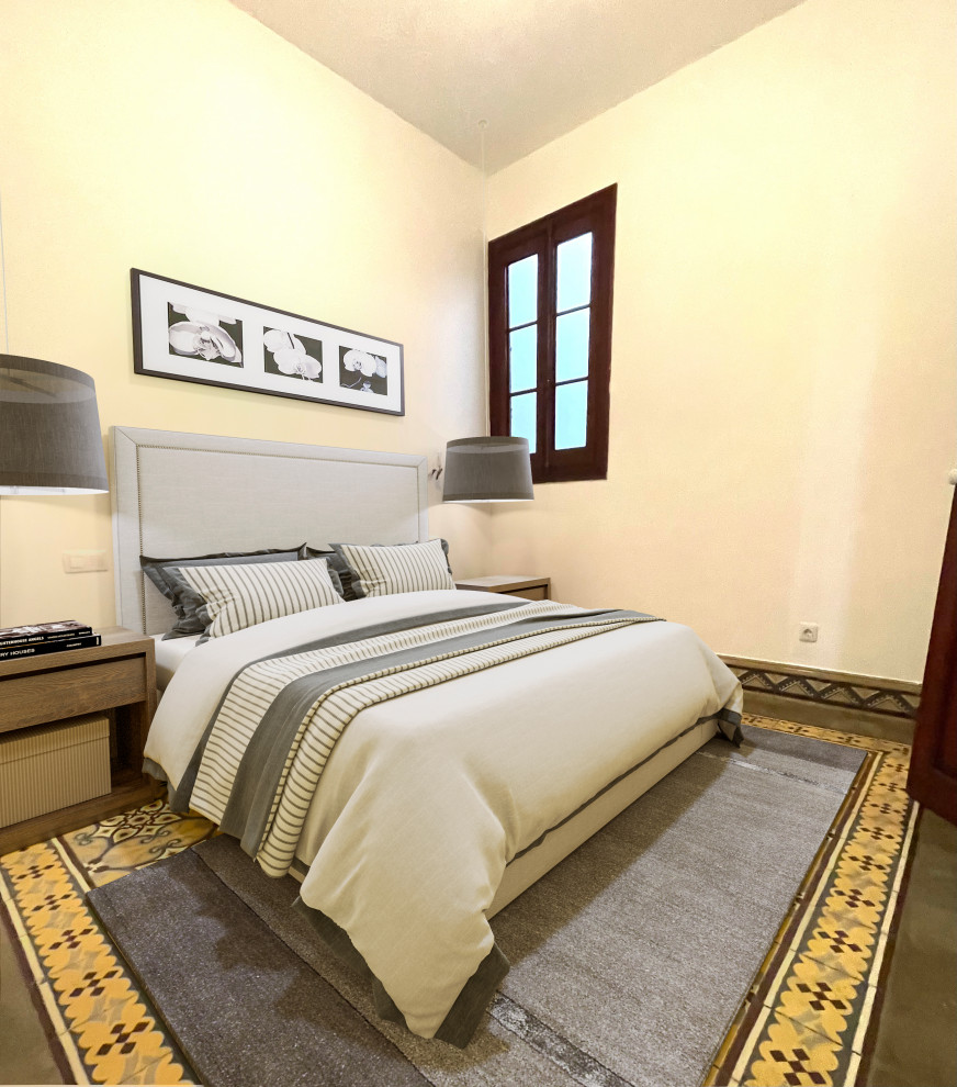 Exemple d'une petite chambre parentale moderne avec un mur blanc, un sol en carrelage de céramique et un sol multicolore.