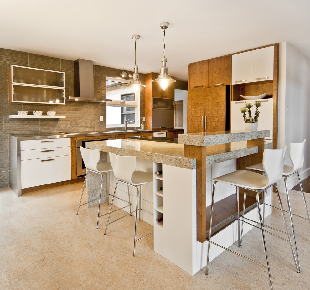 Inspiration for a contemporary kitchen in Ottawa with flat-panel cabinets, white cabinets, stainless steel benchtops, panelled appliances and linoleum floors.