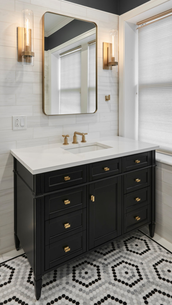 Design ideas for a mid-sized transitional master wet room bathroom in Chicago with recessed-panel cabinets, black cabinets, white tile, porcelain tile, white walls, mosaic tile floors, an undermount sink, quartzite benchtops, white floor, a hinged shower door, white benchtops, a shower seat, a double vanity and a freestanding vanity.